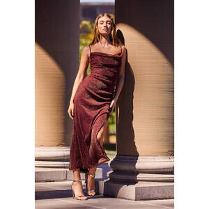 Lulus Next Please Gold And Burgundy Cowl Neck Bodycon Dress Red - Size XS